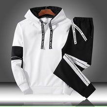 Load image into Gallery viewer, Conjuntos de treino dos homens outono inverno com capuz moletom drawstring outfit 2019 masculino terno pulôver duas peças conjunto casual
