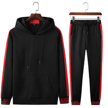 Load image into Gallery viewer, Conjuntos de treino dos homens outono inverno com capuz moletom drawstring outfit 2019 masculino terno pulôver duas peças conjunto casual
